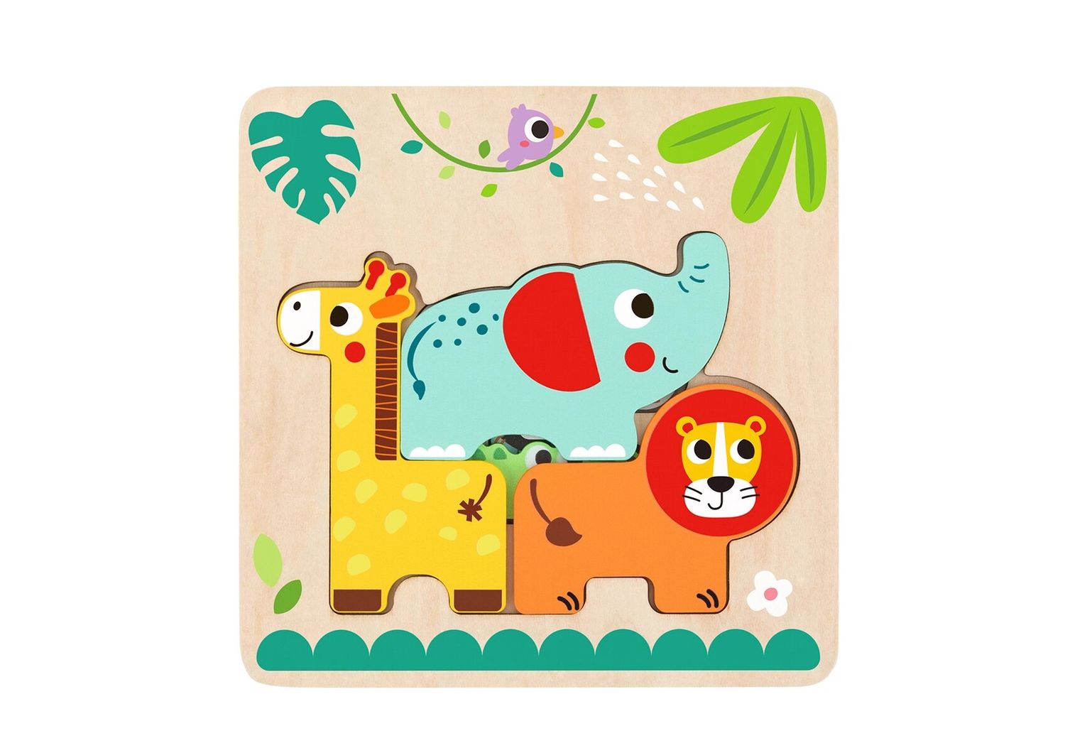 Tooky Toy Kinder Puzzle Holz 7-teilig Sortierspiel, Farbpuzzle, 6 bunte Tiere grün