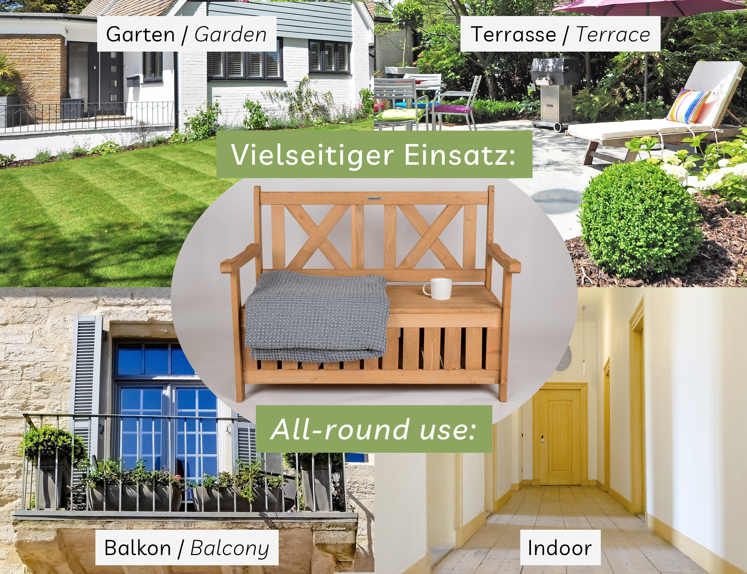 needs&wants® Gartenbank Holz wetterfest mit Stauraum und Abdeckung, 2-Sitzer Truhenbank Holzbank klassisch, Parkbank Sitzbank massiv Garten Outdoor mit Truhe, Naturholz Massivholz, dunkel-braun
