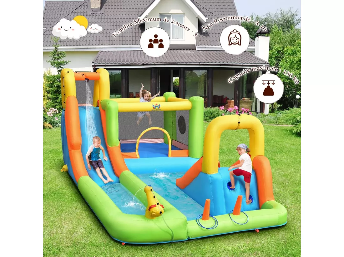 Château Gonflable 8 en 1 avec 2 Toboggans, Parc Aquatique avec Maison de Saut, Mur d'Escalade, Panier de Basket, Sac de Transport, Charge 135kg pour 3 Enfants de 3-10 Ans (Sans souffleur)