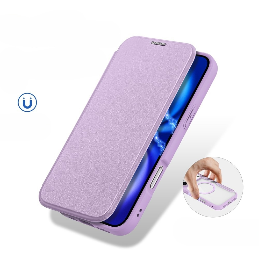 iPhone 17 Pro Max MagSafe Hybrid Leder Tasche   Kunststoff Rückseite (RFID Schutz) - Lila / Transparent