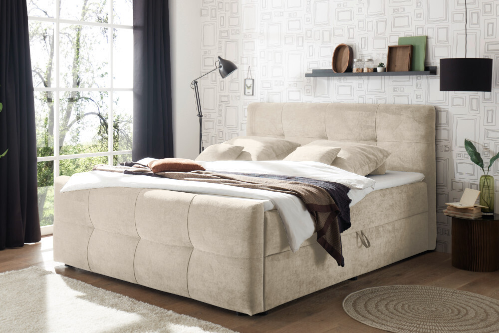 Boxspringbett TOULOUSE 180x200cm beige Microfaser inkl. Matratze Topper Stauraum