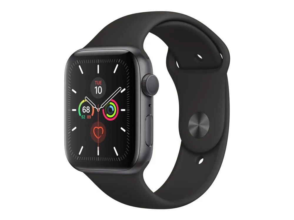 [OUTLET] - Apple Watch Series 5 (GPS) - 44 mm - rumgråt aluminium - smart ur med sportsbånd - fluoroelastomer - sort - båndstørrelse 140-210 mm - S/M/L - 32 GB - Wi-Fi, Bluetooth - 36.5 g