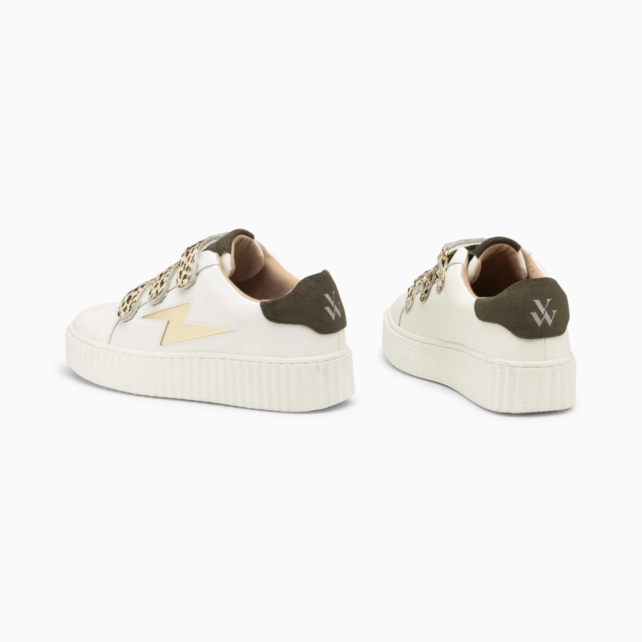Sneakers-Baskets éclair Lyanna blanc et or à scratchs léopard kaki