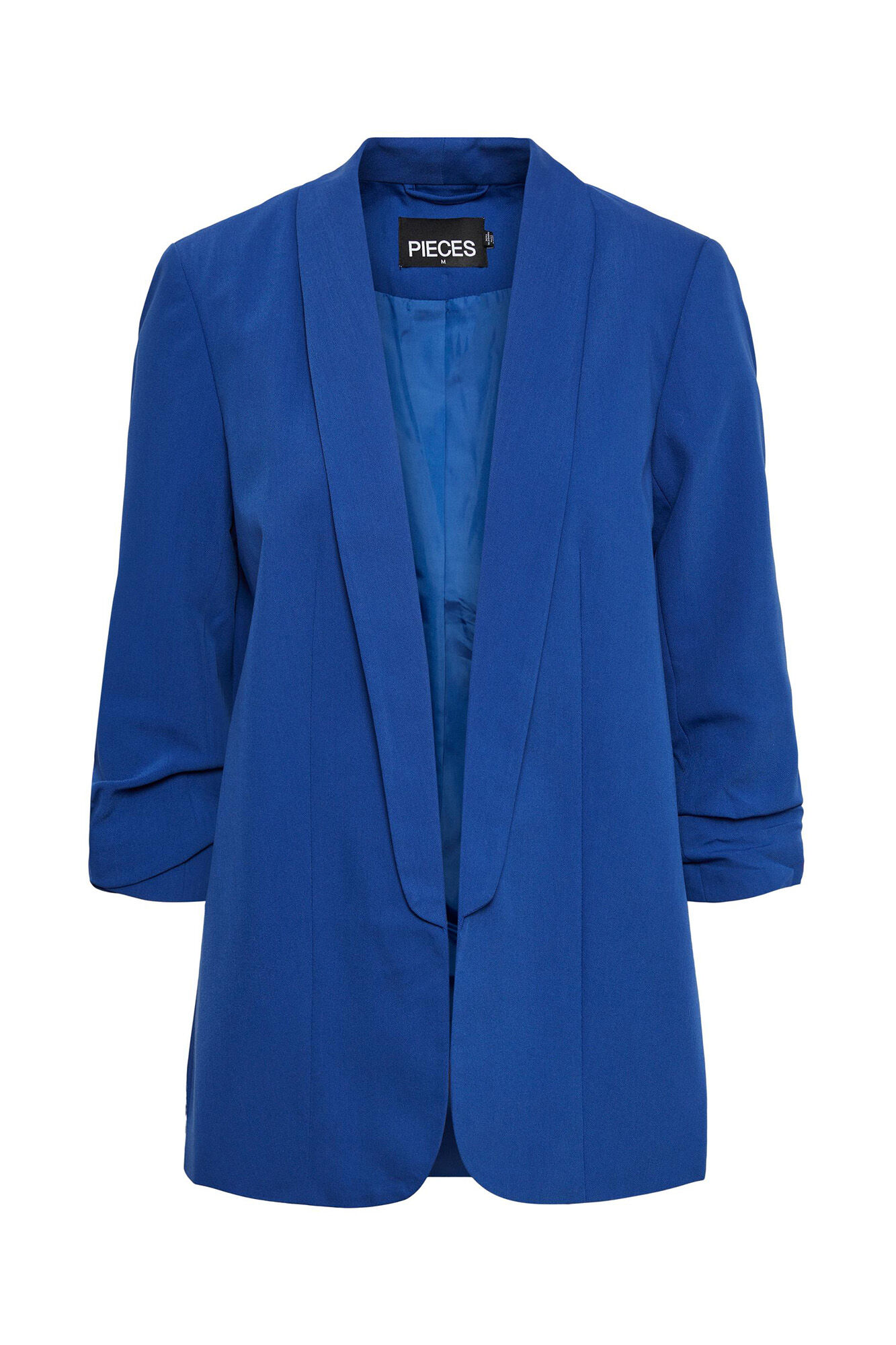 Blazer de manga 3/4 com detalhe de lapela e mangas franzidas. Sem botões.