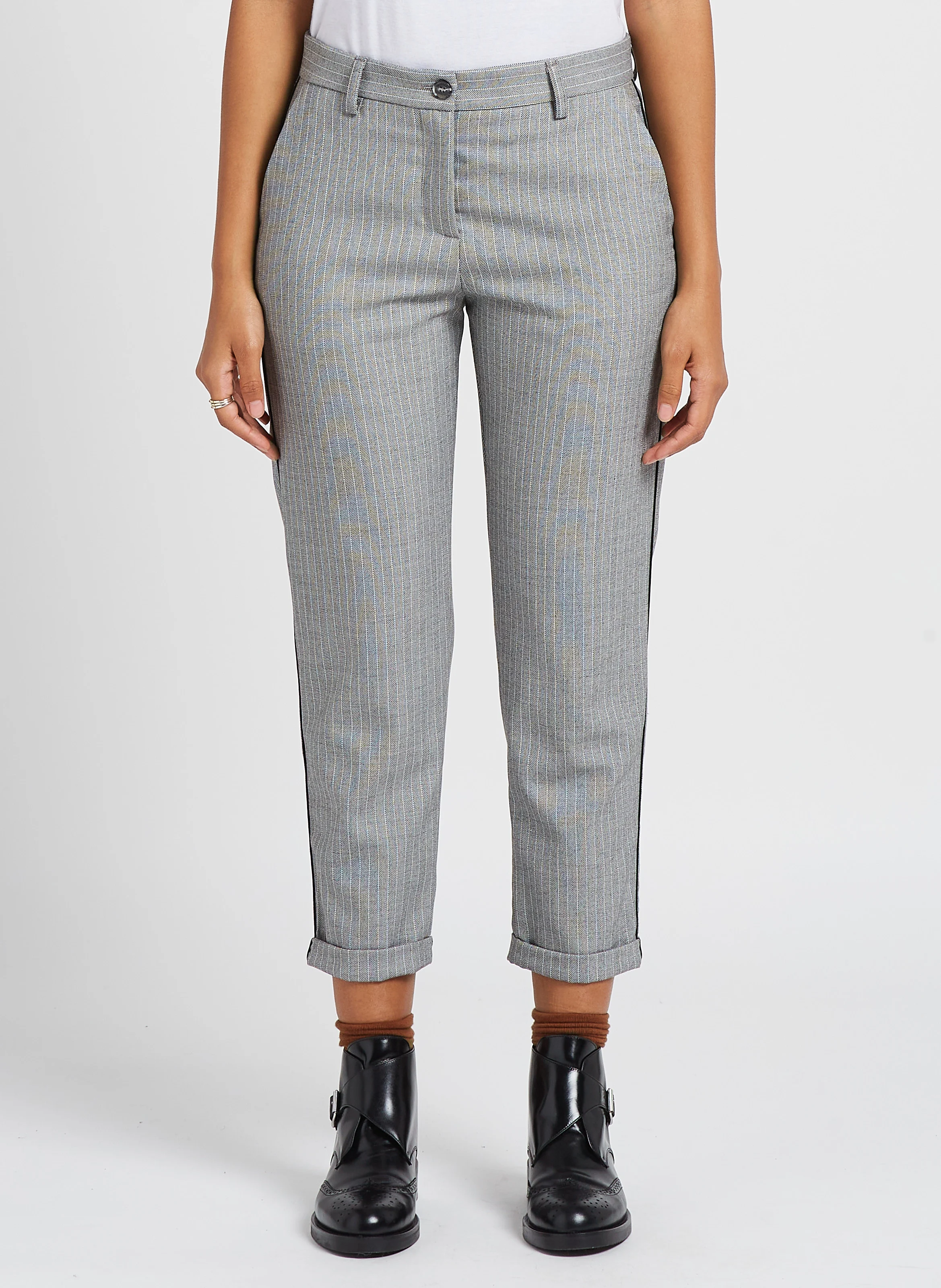 Pantalon droit taille haute à rayures | Noir