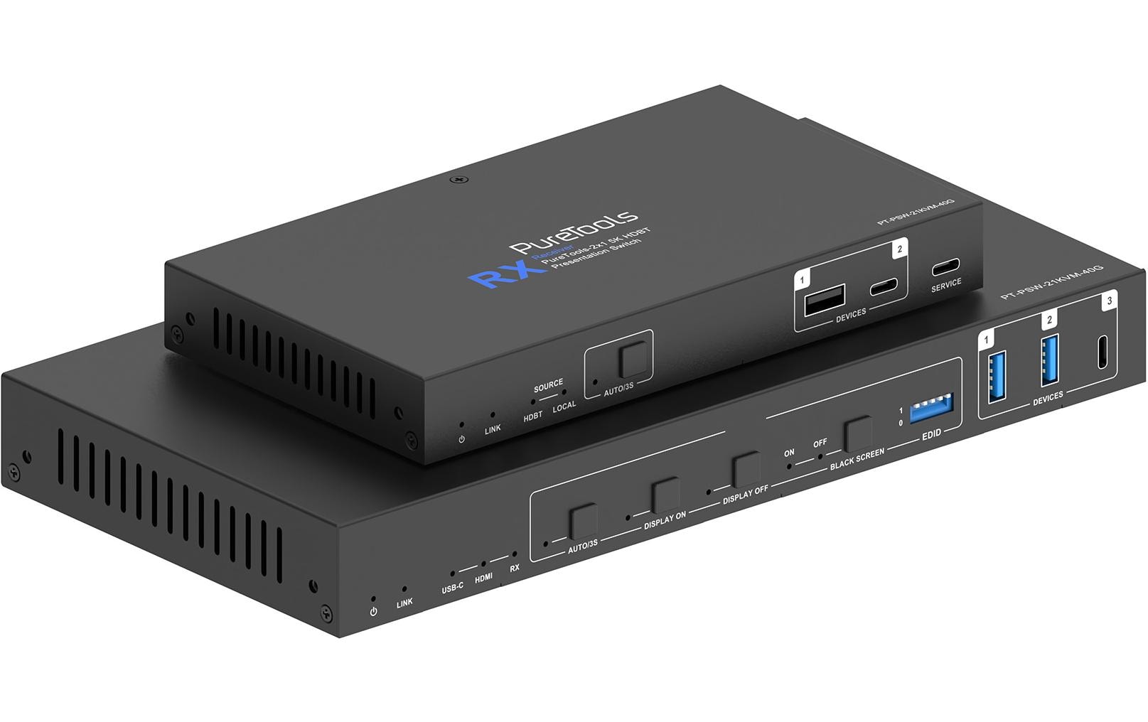 Switcher PT-PSW-21KVM-40G 2x1, HDMI/USB-C, HDBT, HDMI, 5K<br>PureTools - 2x1 5K HDBT Präsentations-Switch - 5K HDBaseT V3.0 Video- und Datenverlängerung mit HDMI/USB-B & USB-C (100W PD) Eingängen