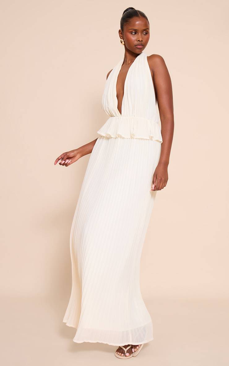 Pale Yellow Robe Longue Plissée À Col Licou Avec Détails De Volants