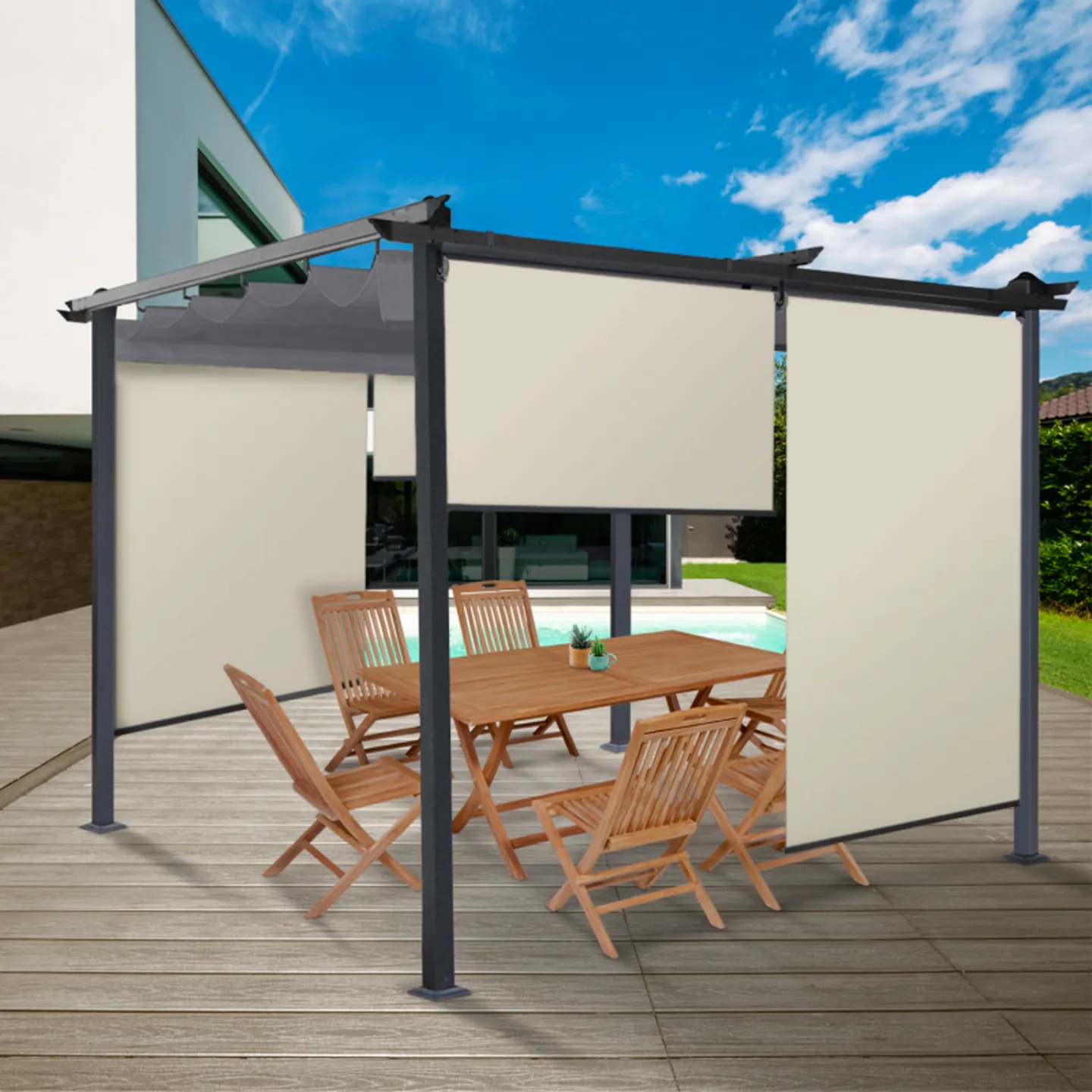 Lot de 2 stores enrouleurs L.124 x H. 225 CM pour pergola écru