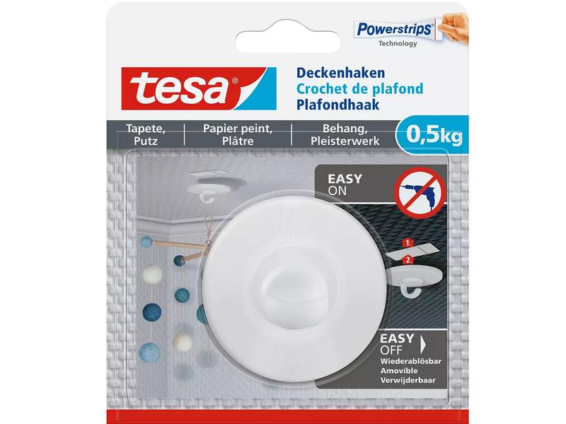 tesa Deckenhaken -Set 0.5 kg für Tapeten & Putz, 3er Pack Selbstklebendes Haken zur Befestigung von Deko-Objekten an der Decke ohne Bohren