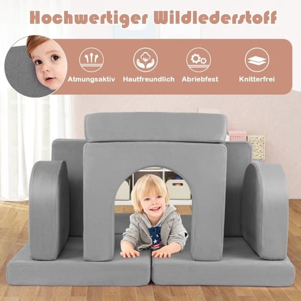 Barnesofa 8-delt lekesofa laget av skumbyggeklosser med behagelig semsket skinnstoff grått