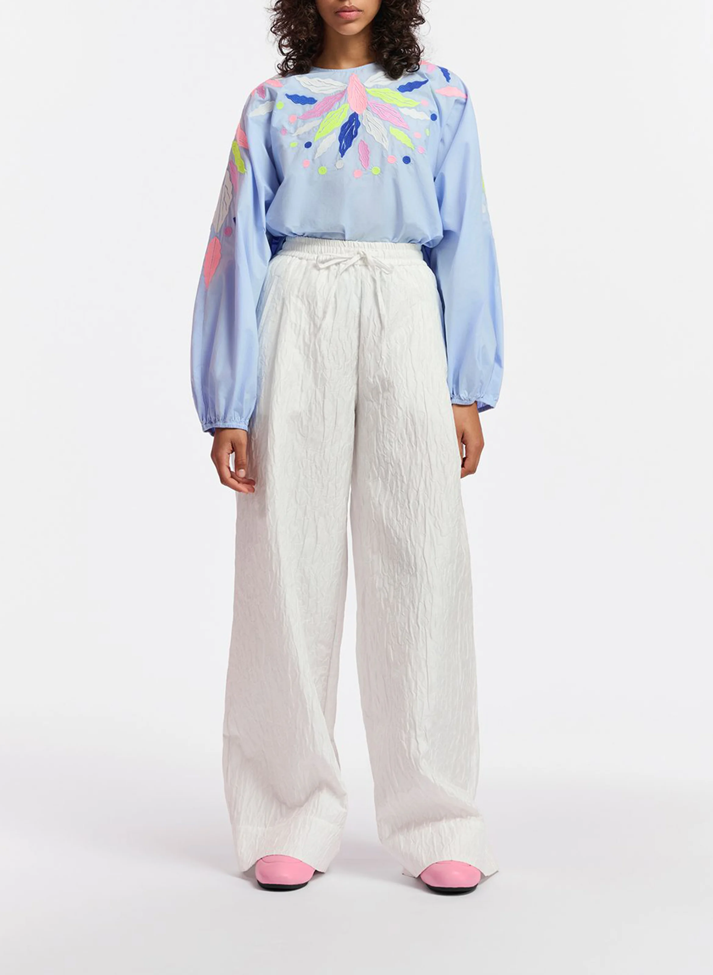 GALAXY - Top ample col rond en coton brodé | Bleu