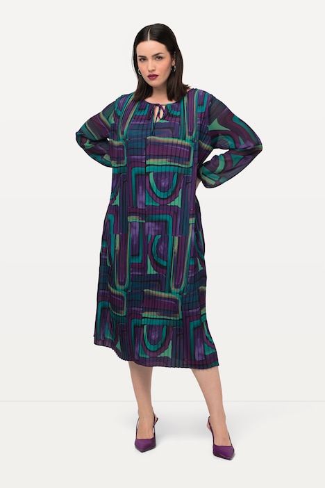Plissee-Midikleid, A-Linie, Tunika-Ausschnitt, Langarm
