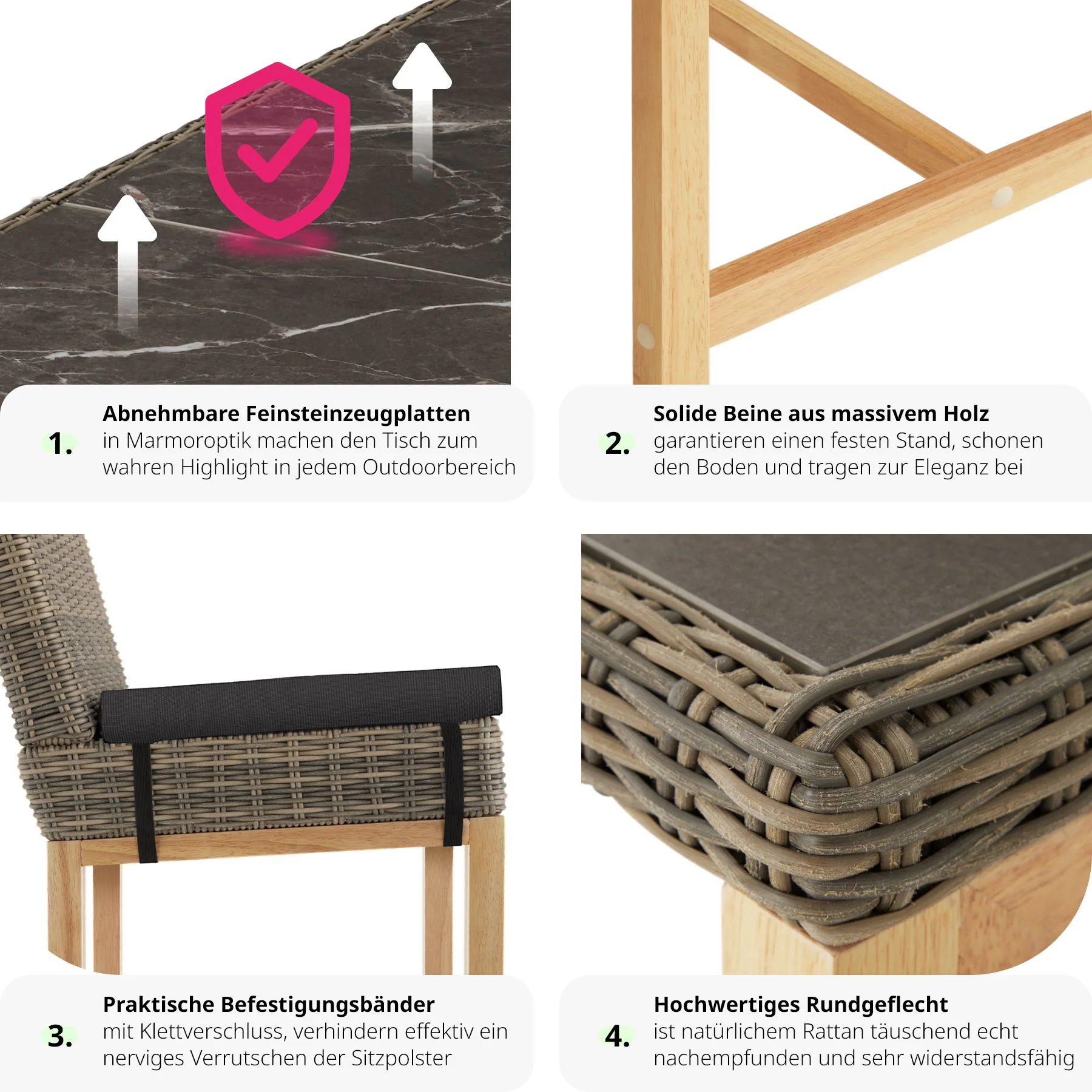 tectake® Rattan Tisch Lovas mit 4 Stühlen Latina, mit Aluminiumgestellen, wetterfest und UV-beständig, Beine aus Holz