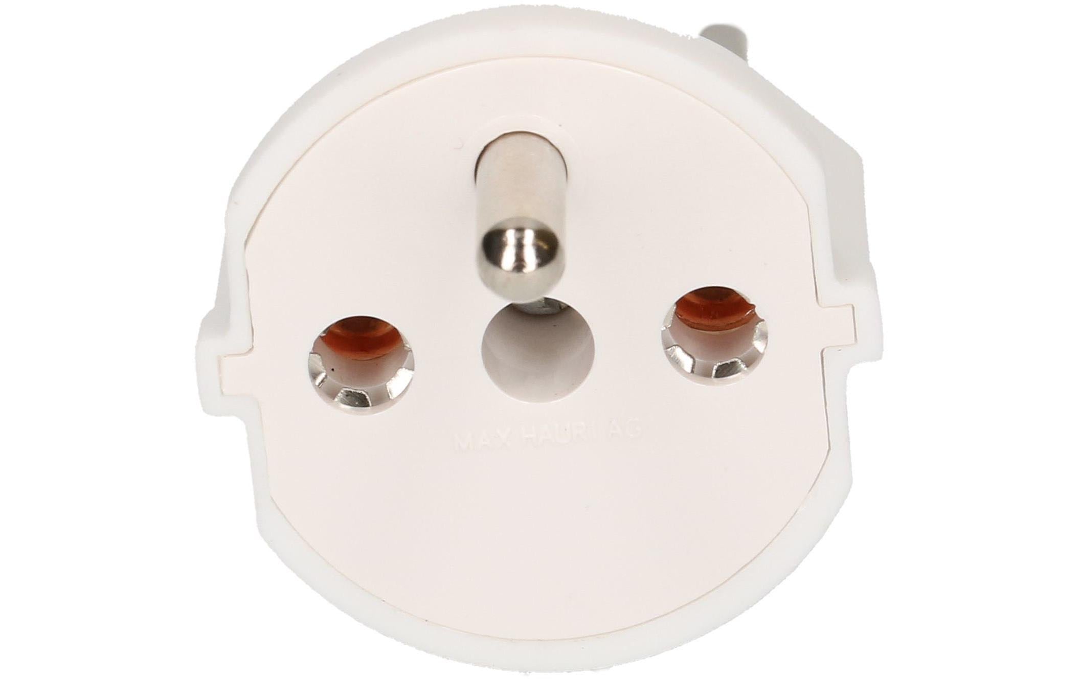Fixadapter Schuko – Typ 23 WeissDeutsch Schuko auf Schweiz T23, 3-polig