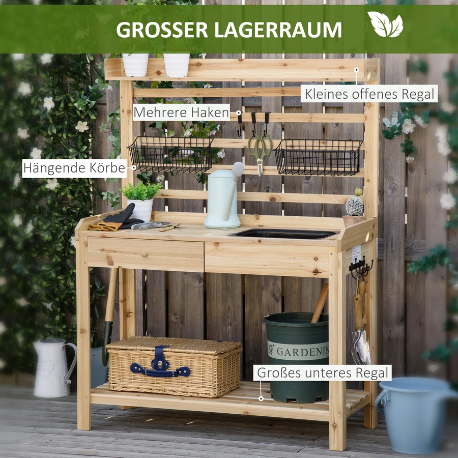 Outsunny Pflanztisch mit waschbecken natur