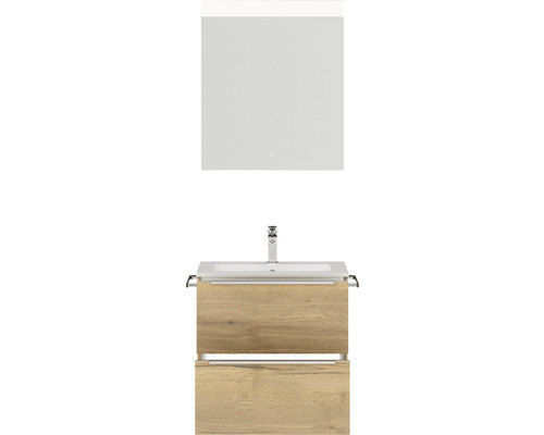 Badkamermeubelset NOBILIA Programma 1 BxHxD 61 x 169,1 x 48,7 cm, frontkleur eiken naturel met wastafelmeubel en spiegel in wit met LED-verlichting, greeplijst mat chroom 015