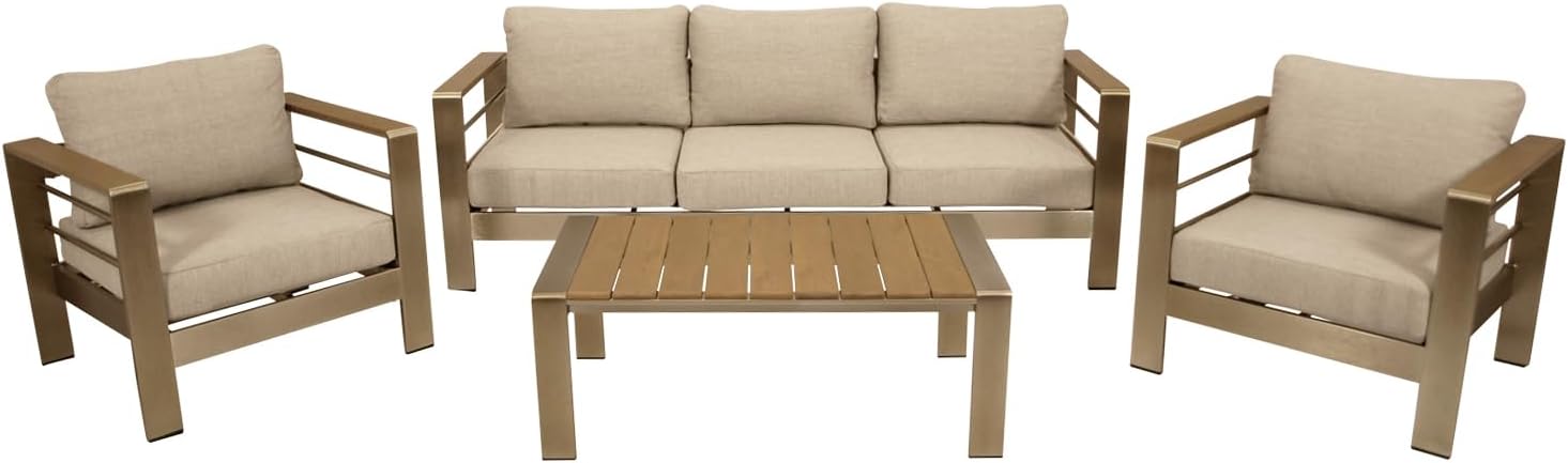 DEGAMO Lounge Set Cannes, Aluminium gebürstet in Edelstahloptik + Kunstholz Natur, Polster hellgrau wasserabweisend, Outdoor