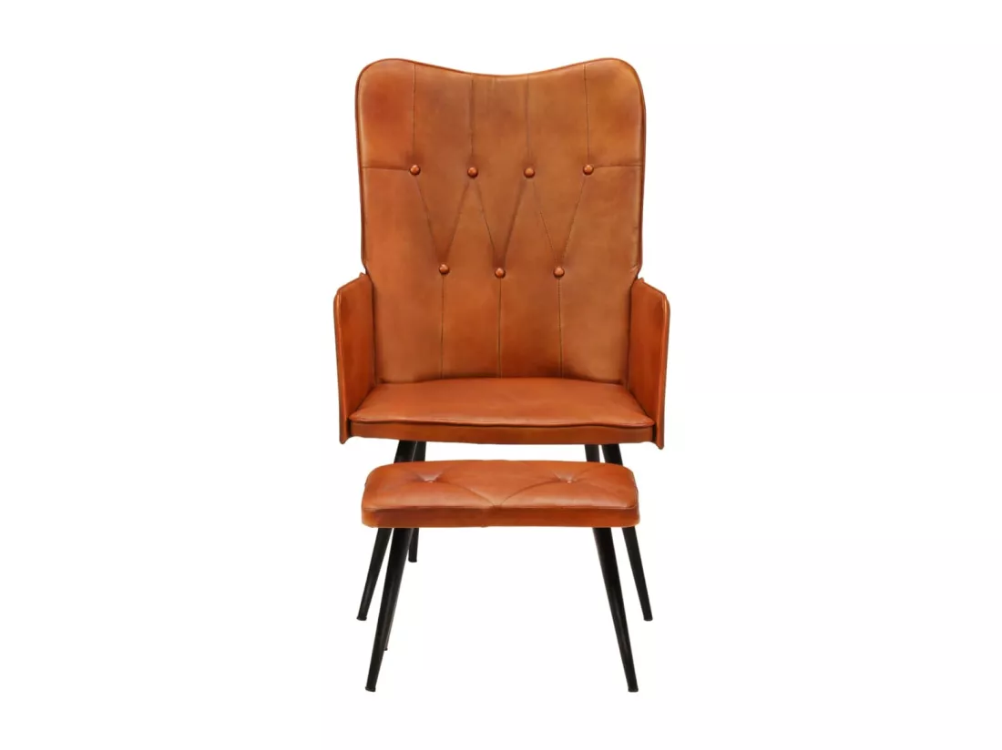 Chaise à oreilles avec repose-pied Brun roux Cuir véritable
