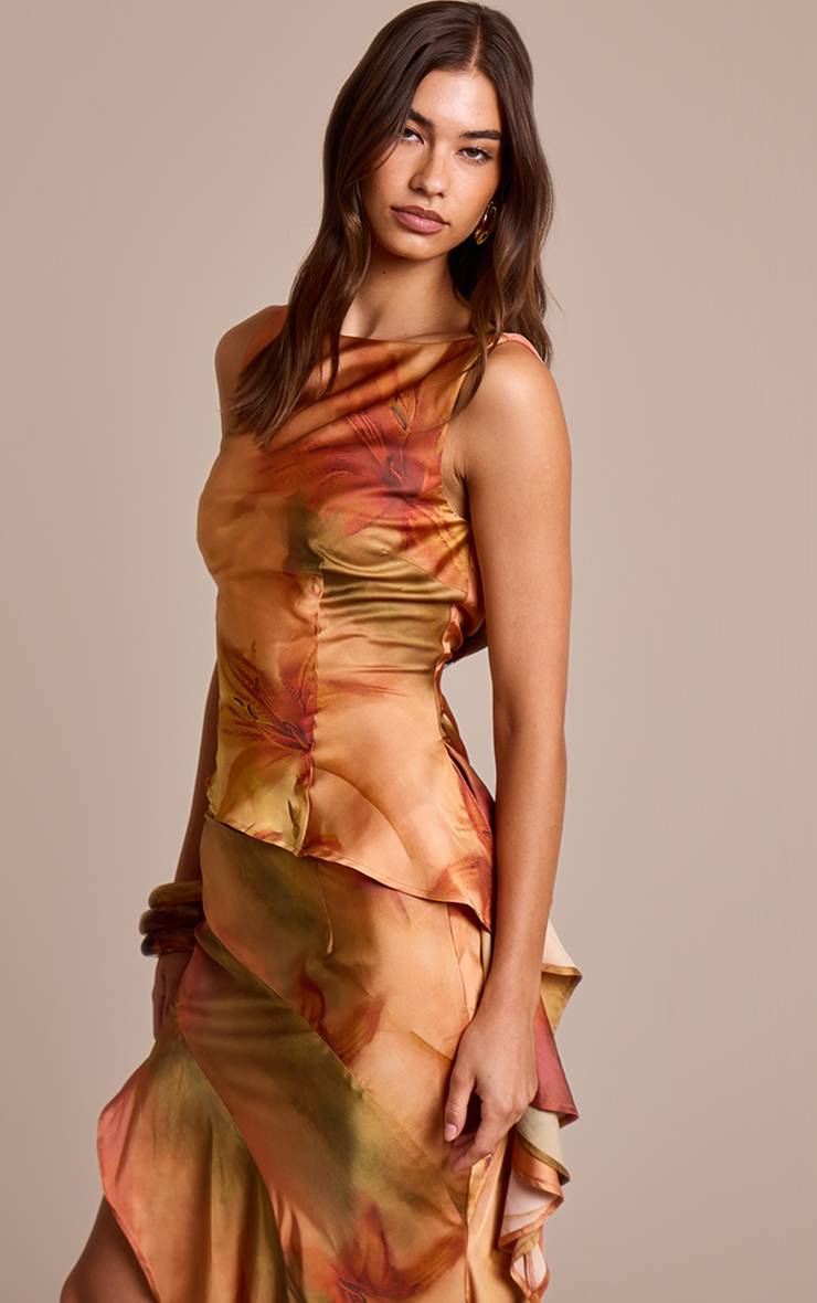 Orange Brûlé Jupe Midi Coordonnée En Satin Imprimé À Volant Asymétrique
