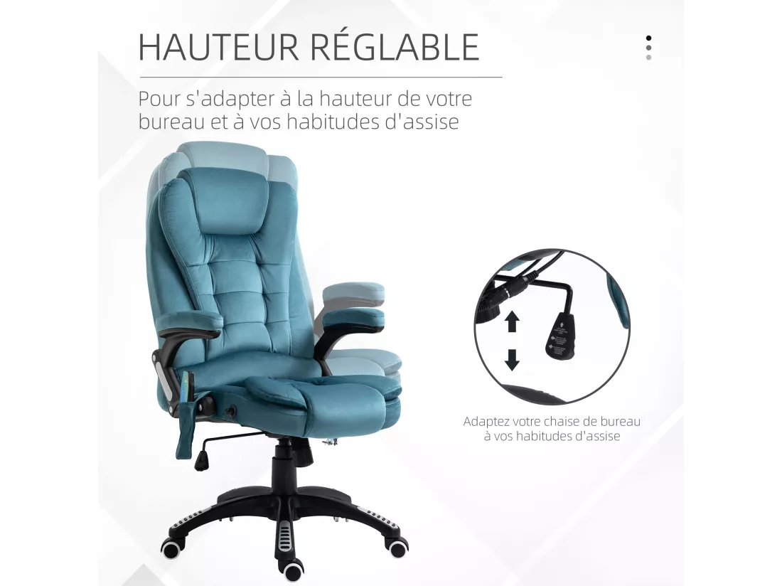 Fauteuil de bureau direction massant chauffant hauteur réglable dossier inclinable toile de lin bleu