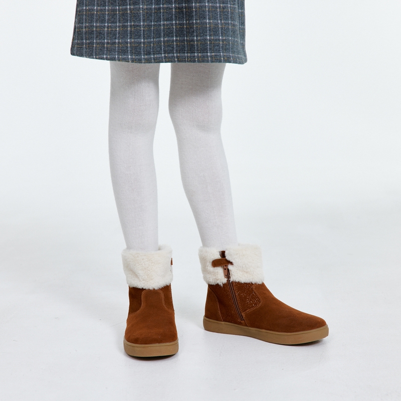 Boots croûte de cuir irisée col fourré beige fille