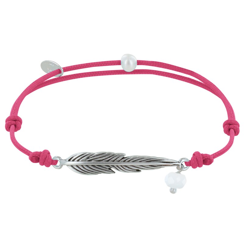 Bracelet Lien Plume Laiton Argenté et Perle Facettée - Fuchsia