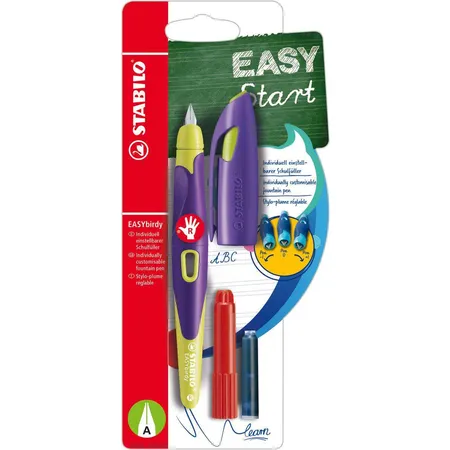 Ergonomischer Schulfüller für Rechtshänder mit Anfänger-Feder A - STABILO EASYbirdy in violett/gelb - Einzelstift - inklusive Patrone und Einstellwerkzeug - Schreibfarbe blau (löschbar)