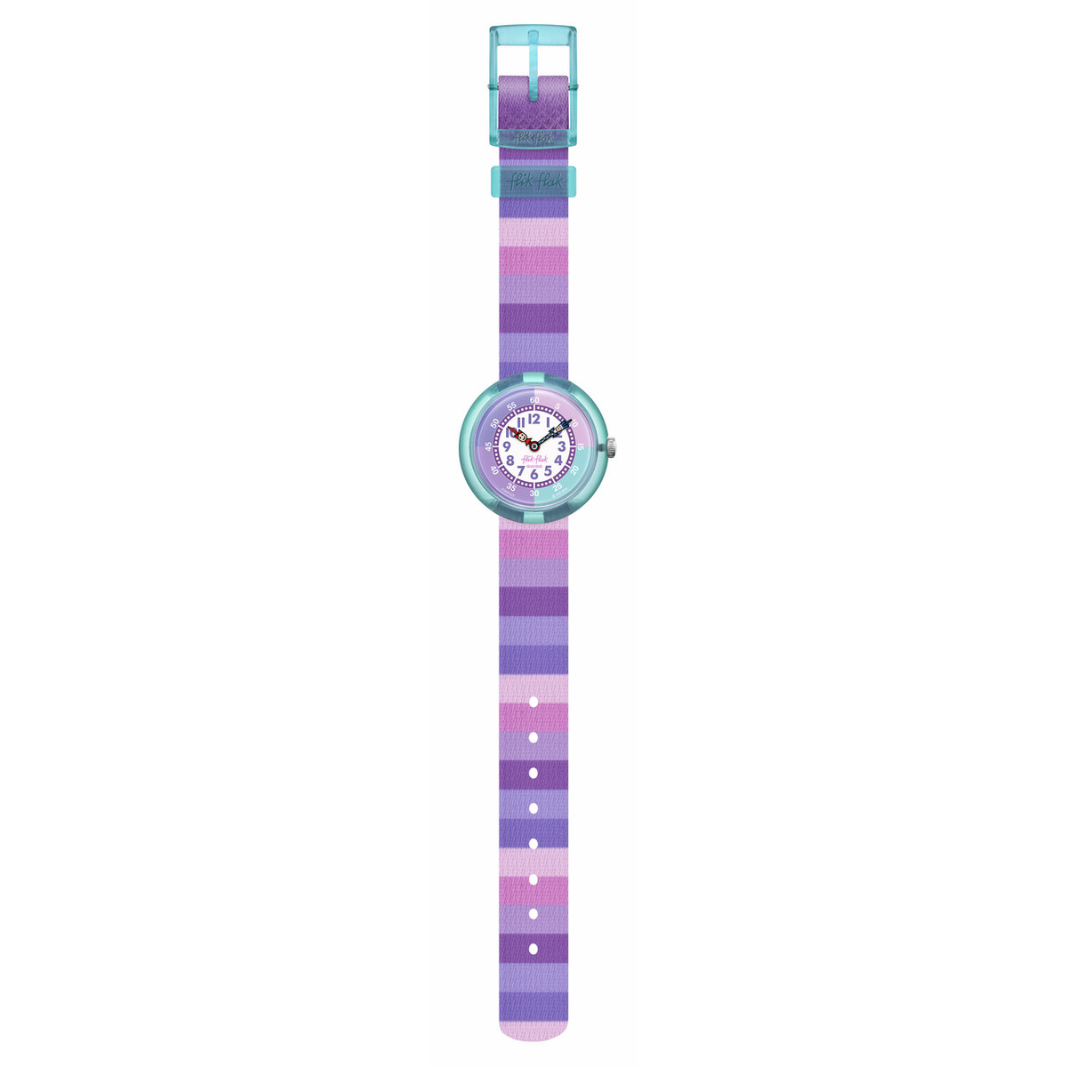 Montre FLIK FLAK Organized Chaos Stripy purple enfant bracelet pet recycle violet