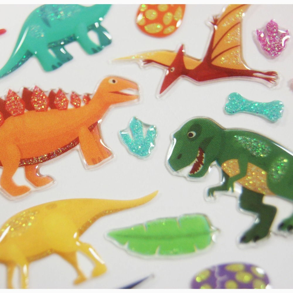 Autocollants - dinosaures rigolos - paillettes - époxy