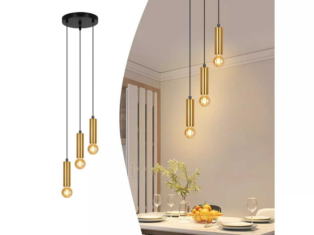 NETTLIFE Lampe suspendue 3 ampoules suspension dorée E27 lampe de salle à manger industrielle table à manger en métal