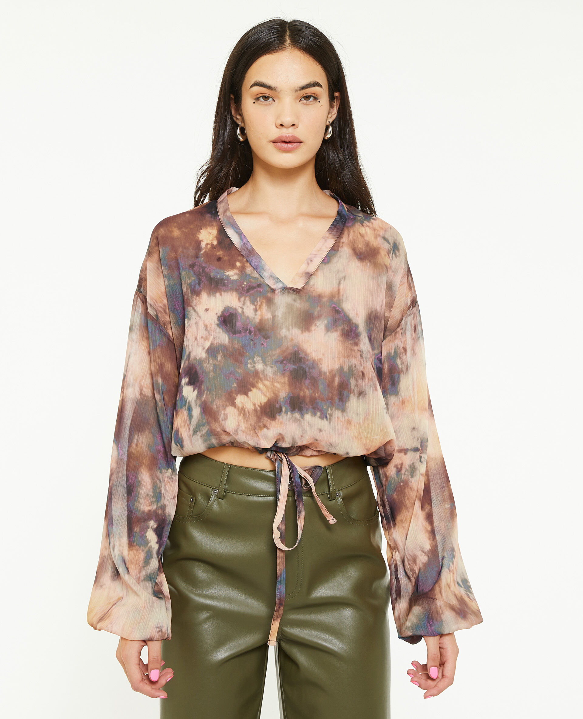 Blouse ample et transparente col V - Orange