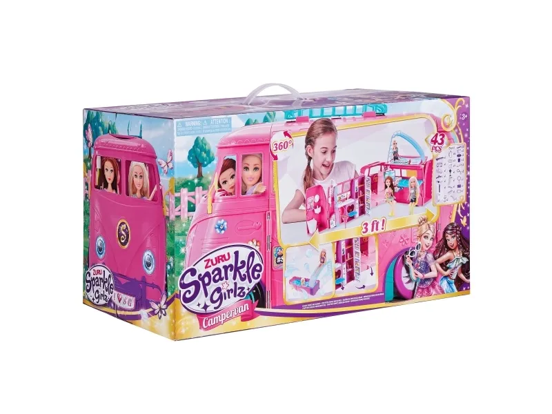 ZURU Sparkle Girlz Retro Campervan, Pige, Lyserød, Ikke til børn under 36 måneder, Små dele. Kvælningsfare, Vinduesboks, 1 stk, 1x Fully Opening Campervan with Rotating Wheels, 1x Shower, 2x shelves, 1x toilet, 2x Lotion...