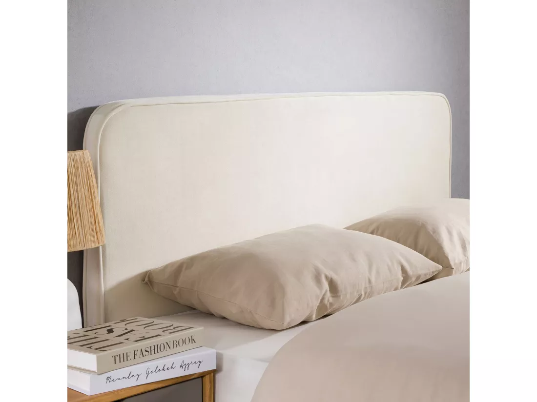 Tête de lit PILOV 140, En tissu rembourré, Fixation murale Design arrondi moderne, Pour lit 140 cm ou moins, Blanc crème