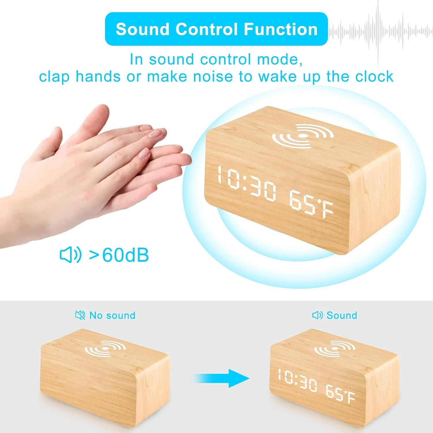 3in1 LED Holz Wecker USB Nachttisch Uhr mit Integrierter Ladestation Qi Wireless Ladegerät / Temperatur Anzeige - Hellbraun