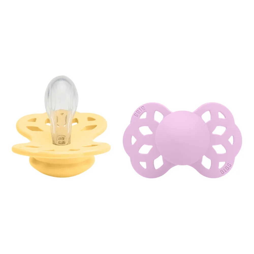 BIBS Infinity Symmetrisk Silicone Pale Butter/Violet Sky 2 pak - flere størrelser