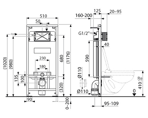 3-in-1 WC-reservoirset, 1200 mm, inclusief witte bedieningsplaat en geluidsisolatie