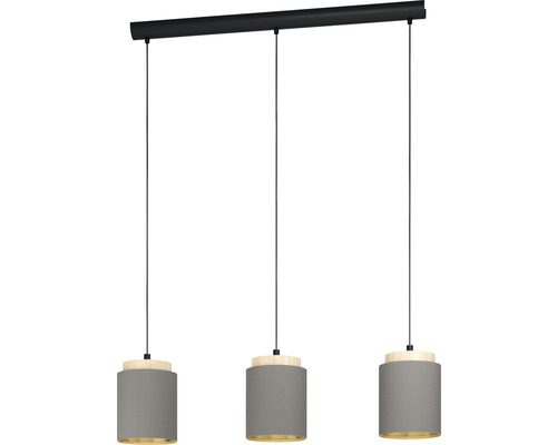 Hanglamp, 3-lichts, HxL 110x89,5 cm, zwart/licht hout, cappuccino kap, gouden binnenkant