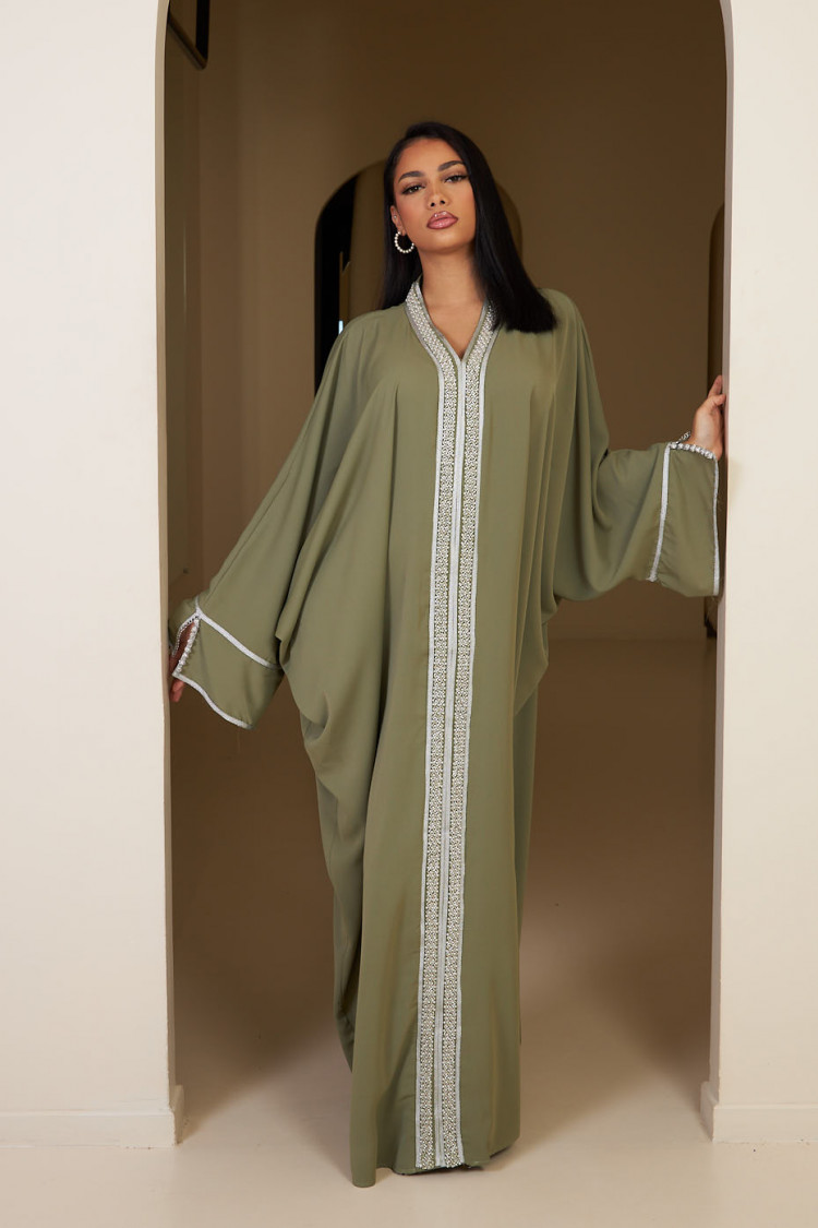 Abaya kaki à empiècement perle argenté
