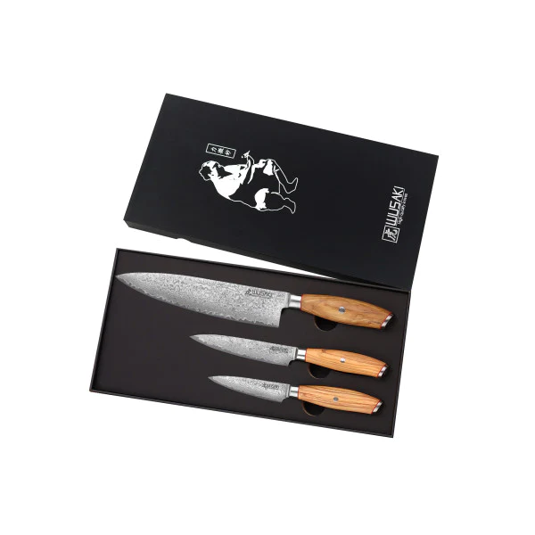 Coffret Wusaki 3 couteaux chef + office + universel Fujiko manche oli