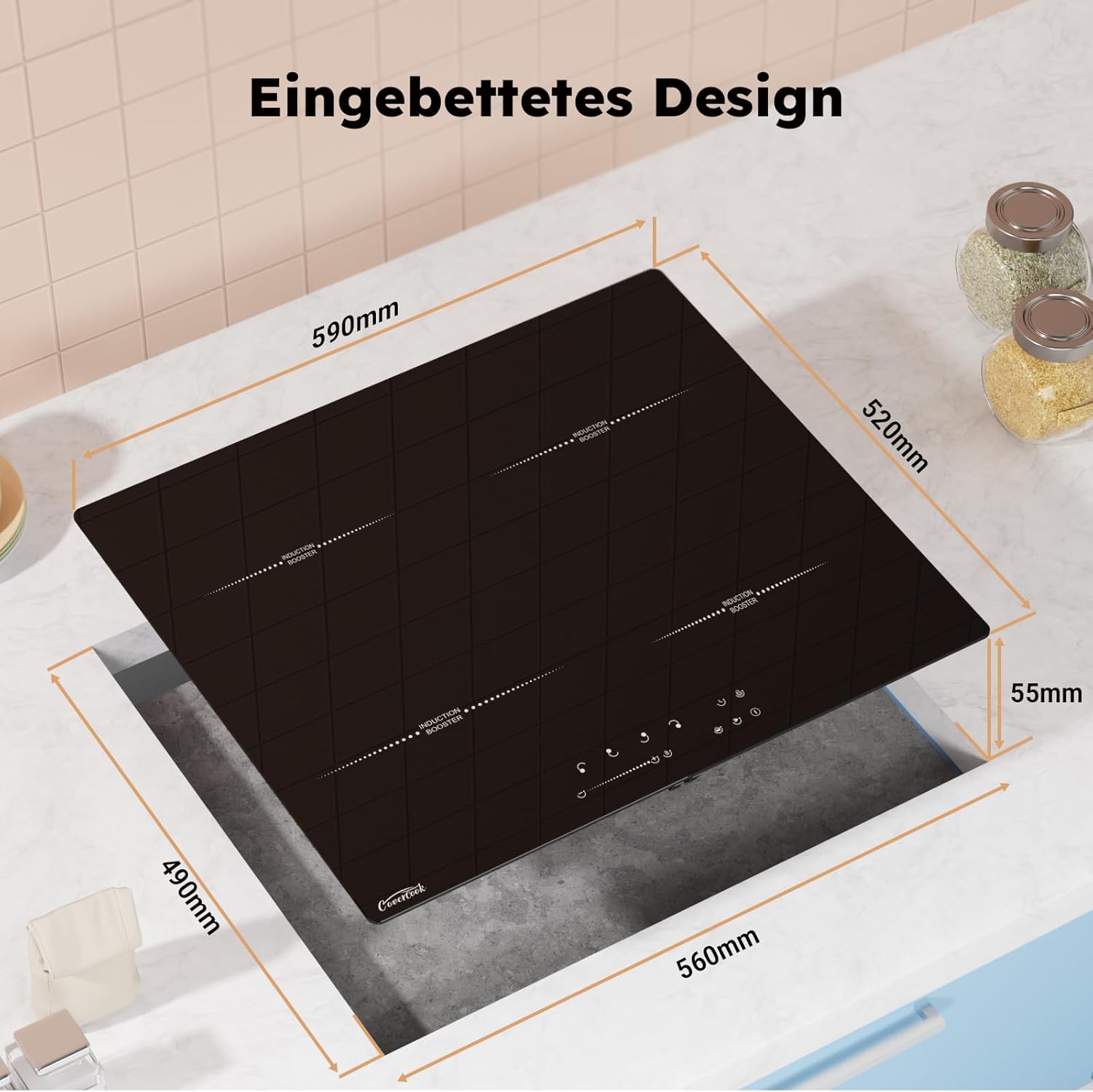 COVERCOOK Stecker und Induktionskochfeld 60 cm,4 Zonen Induktion Herdplatte, Touch-Bedienung Kochfelder Induktionsplatte,Power Booster, 13A 2800W