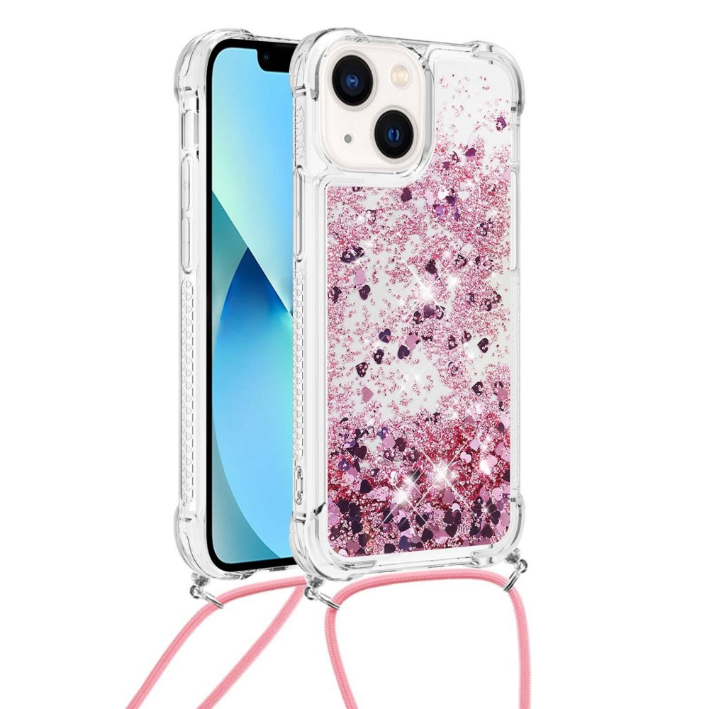 iPhone 14 Necklace Gummi Hülle Liquid Glitzer   Handykette (130cm) - Pink / Roségold