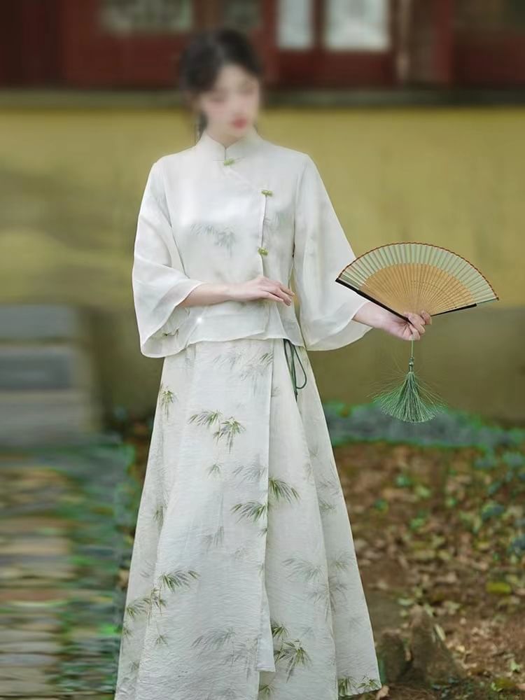 Fioridi - 3/4-mouw bamboe print Hanfu top / midi A-lijn rok / set
