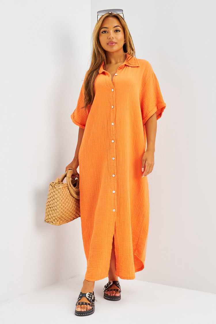 Robe longue maxi chemise en gaze de coton orange