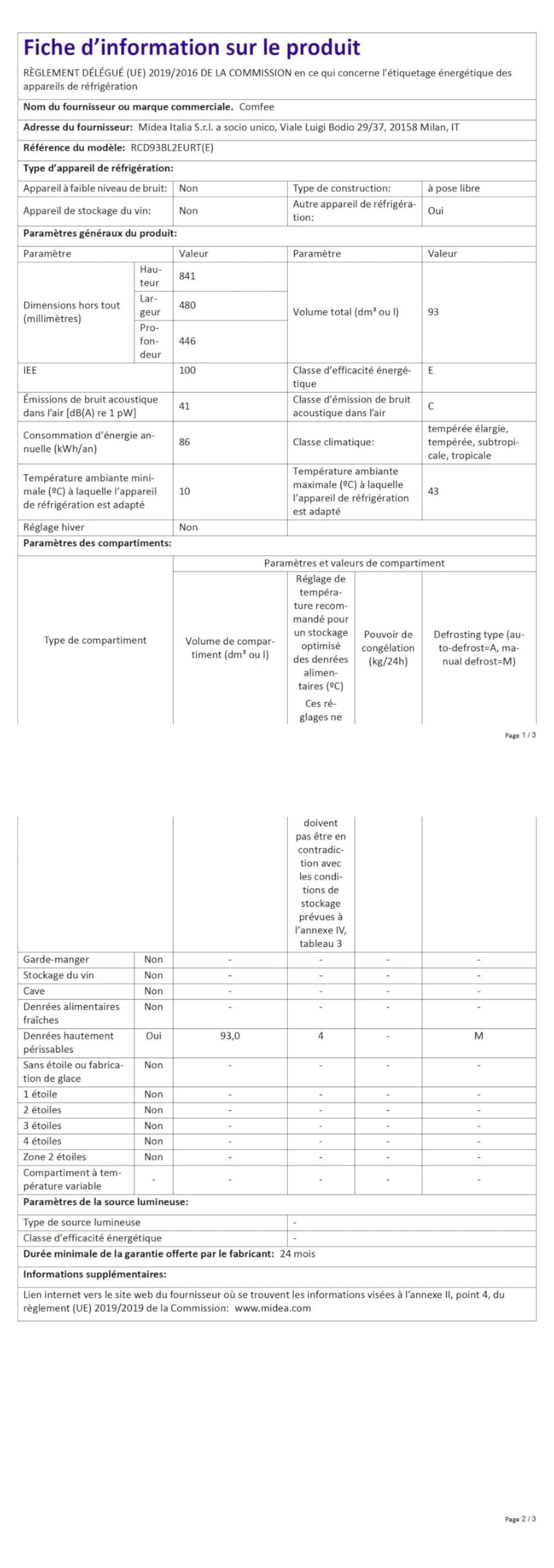 Comfee' RCD93BL2EURT(E) Réfrigérateur Sous-Plan, 93L, Réfrigérateur Rétro Pose Libre avec Compartiment Réfrigérant, Thermostats Réglables, Lumière LED