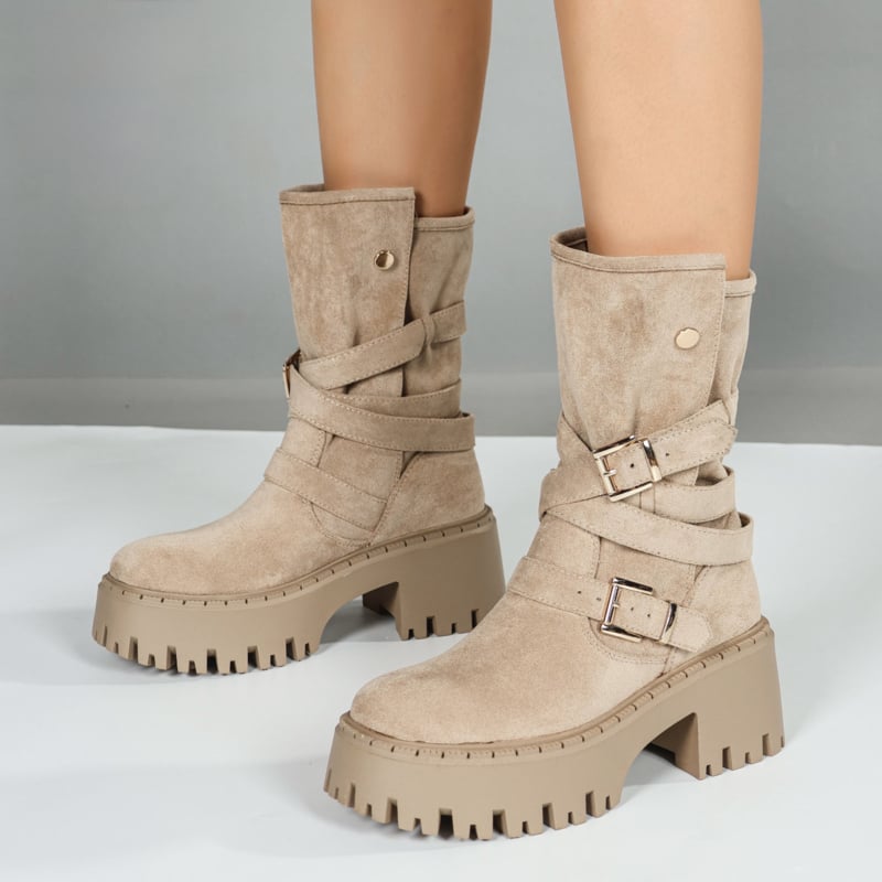 Harper Chunky Buckle Boots - beige