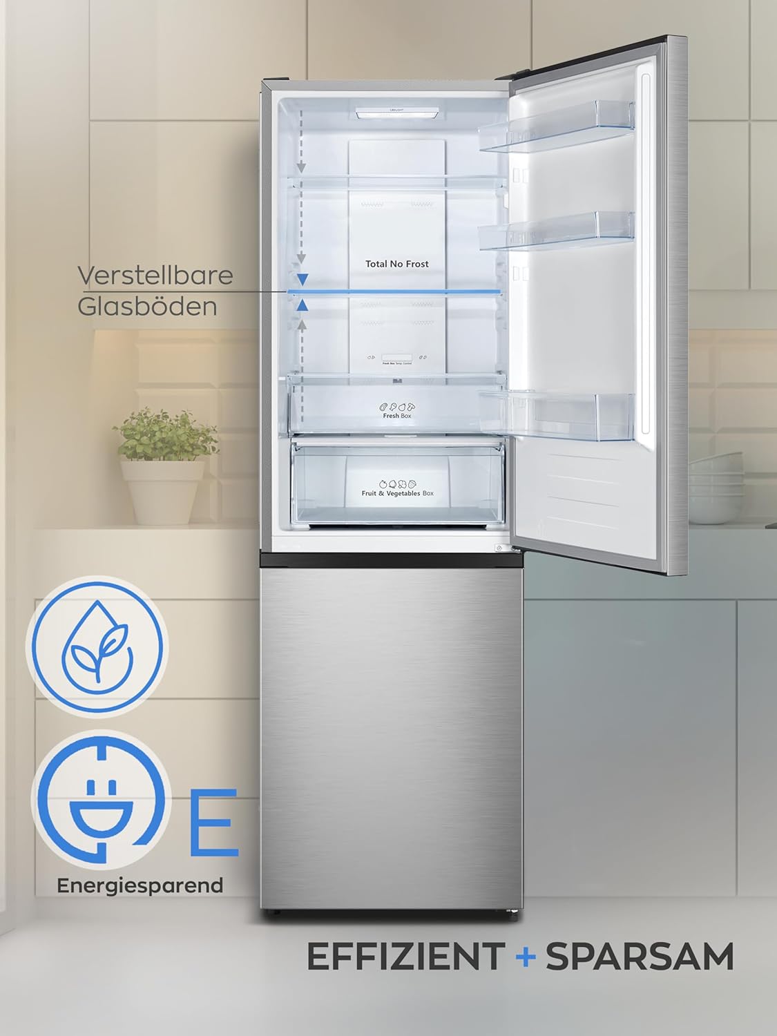 Heinrich´s Kühlgefrierkombination 304Liter, Kühlvolumen 207L, Gefrierfach 97L,LED Innenraumbeleuchtung, Kühlschrank Türanschlag wechselbar, leise 39dB,NO FROST,Temparatur Touch Bedienung,inox