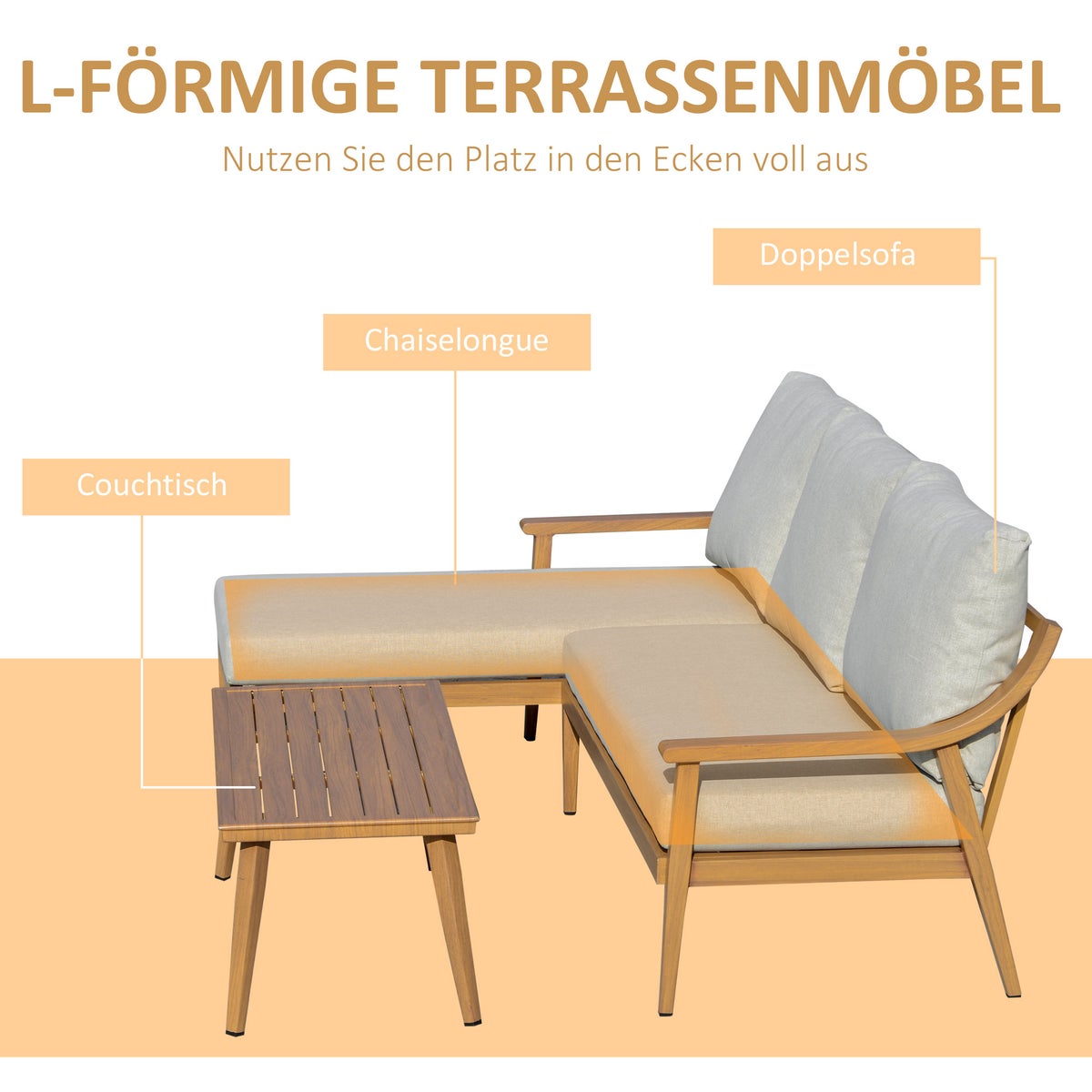 Outsunny 3-delige tuinmeubelset, 138B x 74,5D x 72H cm, aluminium, polyester, spons, naturel
