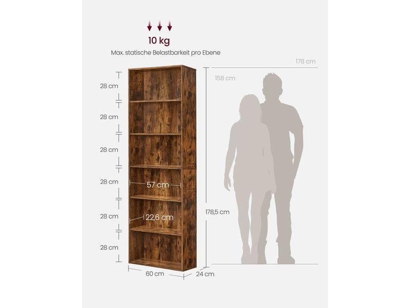 VASAGLE Bücherregal Braun Bücherregal mit 6 Ebenen