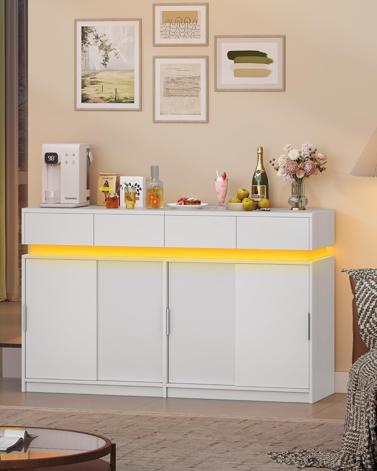 Hzuaneri Sideboard mit 4 Schubladen, Küchenschrank mit 4 Schiebetüren, Buffetschrank mit Steckdosenleiste und LED-Licht, verstellbares Regal, Küche, Wohnraum, 40 x 140 x 85 cm, Weiß SC00403XEU
