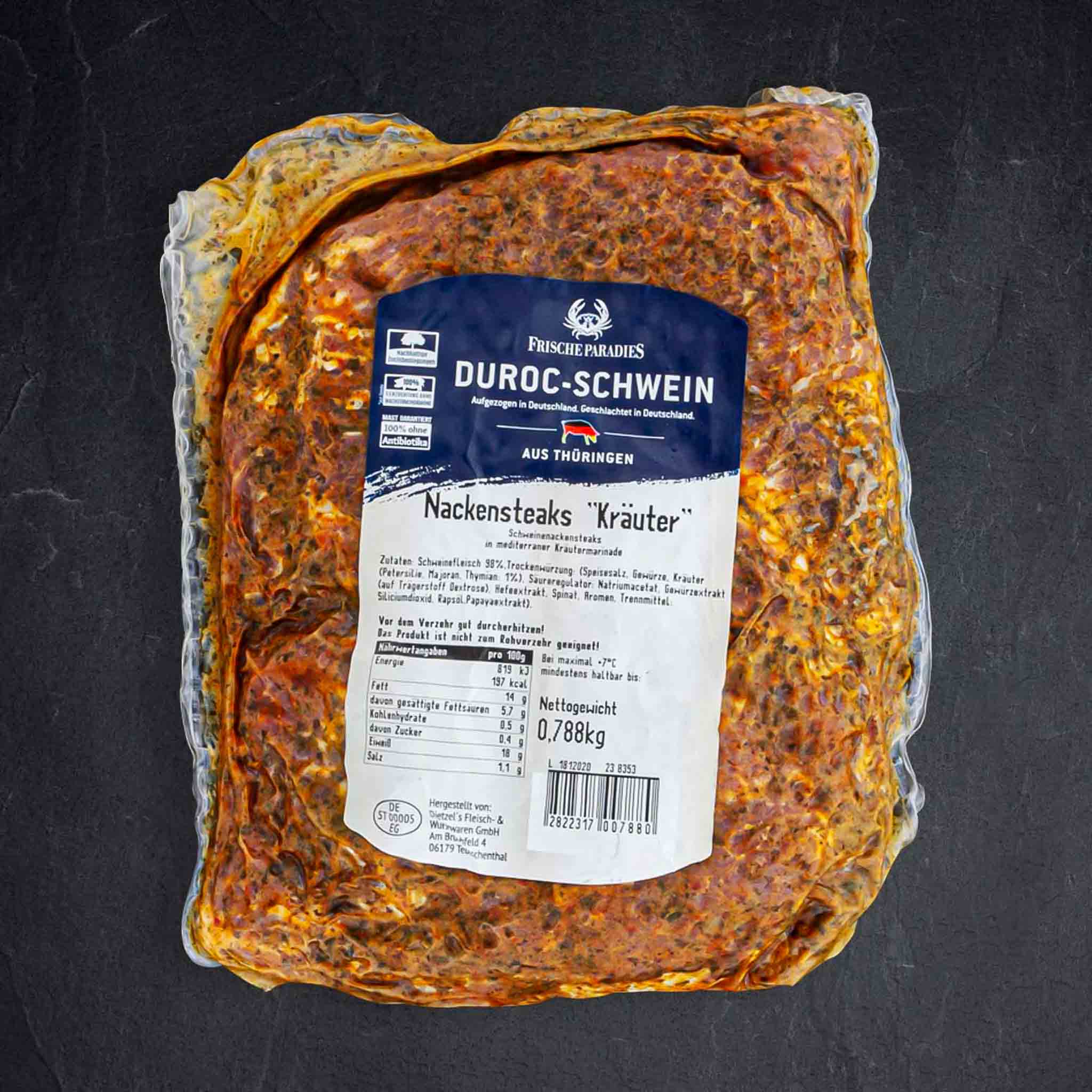 Duroc Schweinenackensteaks in Kräutermarinade